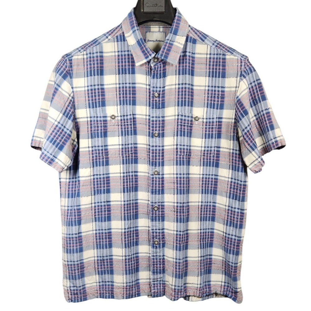 Tommy Bahama Mens Large Blue Plaid Silk Cotton Short Sleeve Button Up Casual
